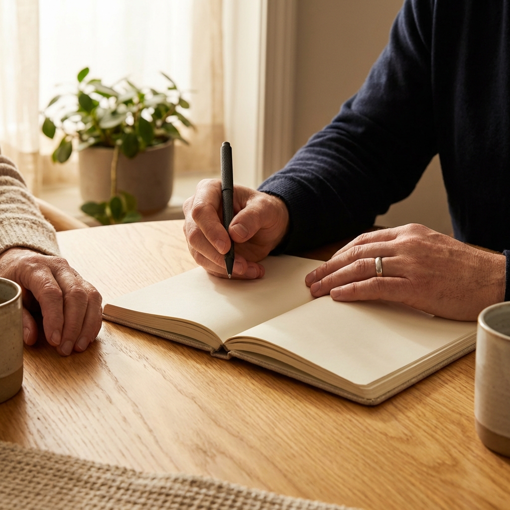 Espai de consulta, mans i llibreta transmetent confiança